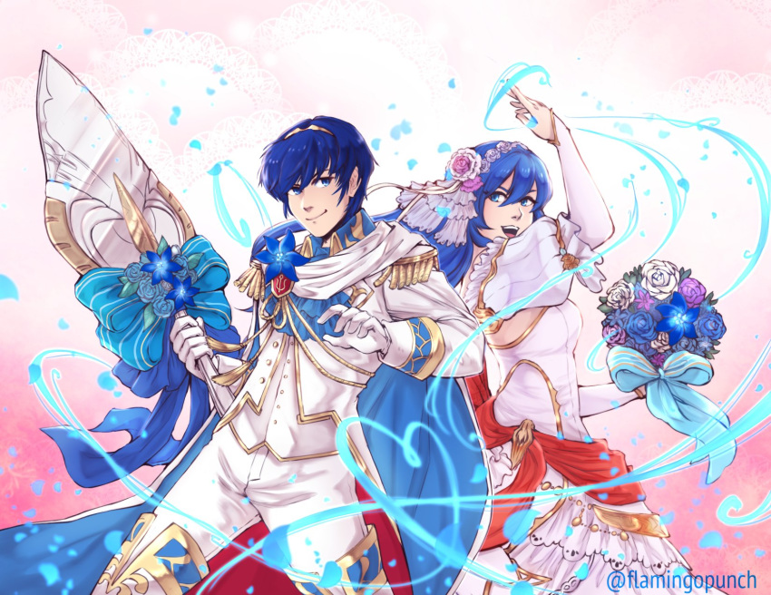 1girl bare_shoulders blue_eyes blue_hair bouquet bridal_veil bride couple dress elbow_gloves fire_emblem fire_emblem:_monshou_no_nazo fire_emblem_heroes flamingo_(eme324) flower formal gloves groom hetero highres husband_and_wife jewelry long_hair marth necklace open_mouth pegasus_knight sheeda smile strapless suit tiara tuxedo veil weapon wedding wedding_dress white_dress white_flower white_gloves