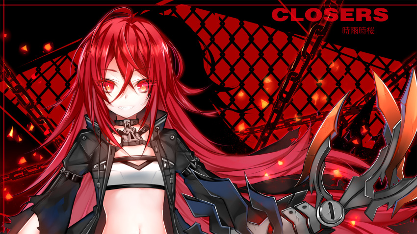 1girl bra chains closers copyright_name eyebrows_visible_through_hair floating_hair grin hair_between_eyes highres long_hair looking_at_viewer midriff navel red_eyes red_hair seth_(closers) shadow shiyu_shiying smile solo stomach underwear upper_body very_long_hair white_bra