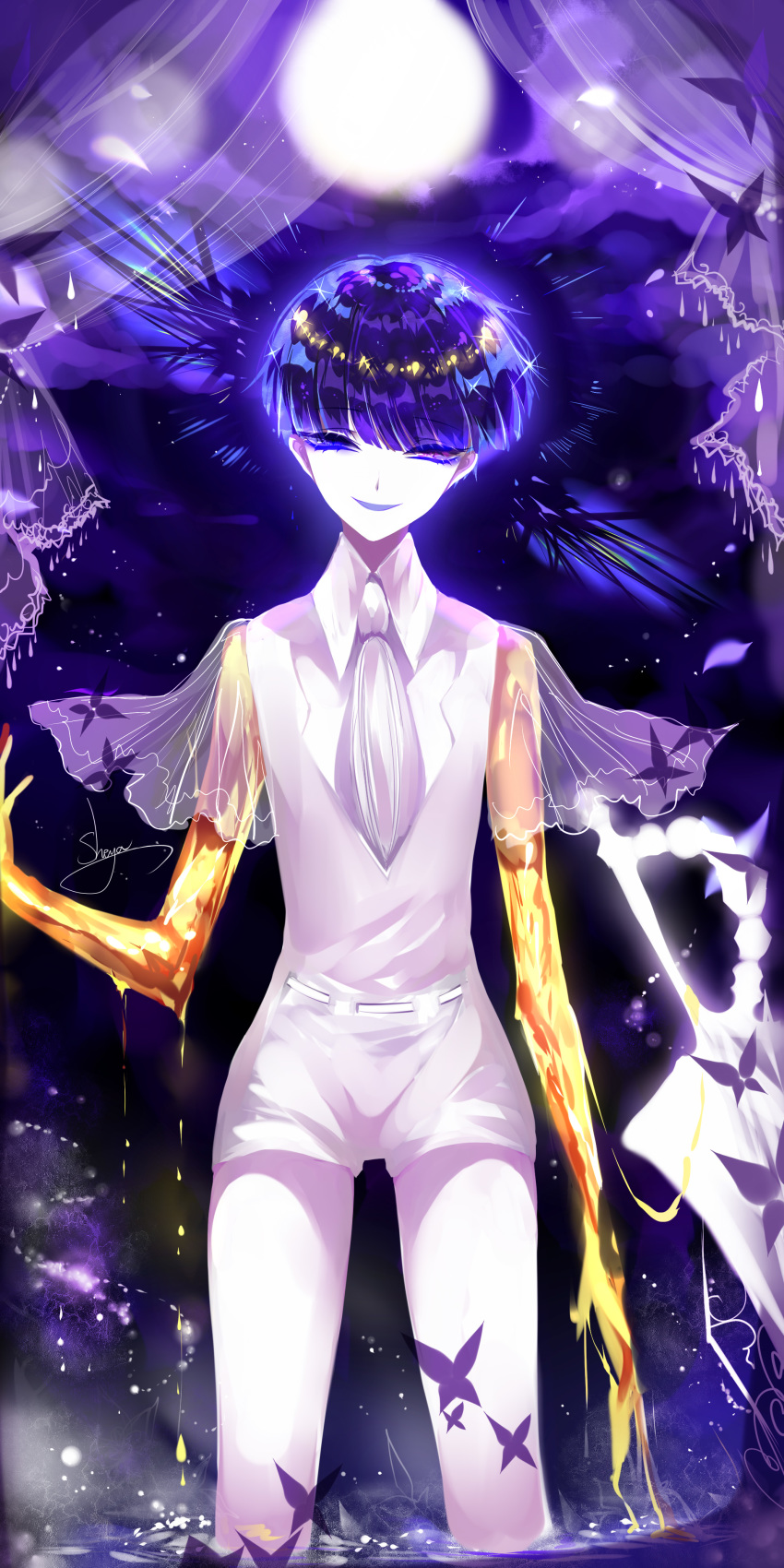 absurdres artist_name bangs blue_eyes blue_hair bug butterfly curtains dark_blue_hair eyebrows_visible_through_hair feet_out_of_frame gem_uniform_(houseki_no_kuni) golden_arms hand_up heterochromia highres houseki_no_kuni insect looking_at_viewer moon necktie open_mouth phosphophyllite phosphophyllite_(ll) purple_eyes see-through sheya shirt short_hair short_shorts short_sleeves shorts signature smile solo sparkle spoilers standing very_short_hair white_neckwear white_shirt white_shorts wide_sleeves wing_collar
