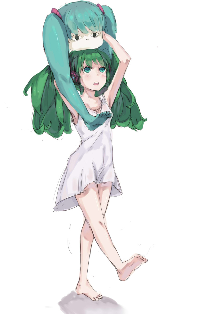 1girl absurdres alternate_hair_color aqua_eyes arms_up barefoot blush breasts character_doll doll dress full_body green_hair hatsune_miku highres holding holding_doll long_hair looking_up motion_lines open_mouth shrimp_cc simple_background sleeveless sleeveless_dress small_breasts solo standing standing_on_one_leg vocaloid walking white_background white_dress