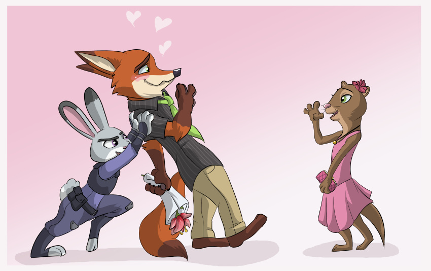 &lt;3 2017 4_fingers absurd_res anthro barefoot baronpuddinsplace blush border canine clothed clothing dipstick_ears dipstick_tail disney dress female flower fox fur gloves_(marking) gradient_background green_eyes group hi_res holding_object jewelry judy_hopps kris_(zootopia) lagomorph male mammal markings multicolored_fur multicolored_tail mustelid necklace necktie nervous nick_wilde orange_fur otter pants pink_background plant police_uniform purple_eyes purse rabbit shirt simple_background size_difference smile two_tone_fur uniform waving white_border zootopia