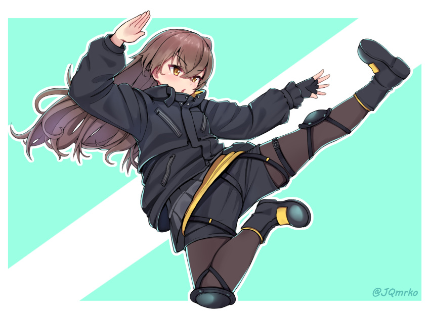 &gt;:o 1girl boots brown_hair brown_legwear commentary fingerless_gloves flying_kick full_body girls_frontline gloves green_background highres jacket kicking knee_pads legwear_under_shorts light_brown_eyes long_hair long_sleeves looking_away manme pantyhose shorts single_glove solo twitter_username two-tone_background ump45_(girls_frontline) white_background