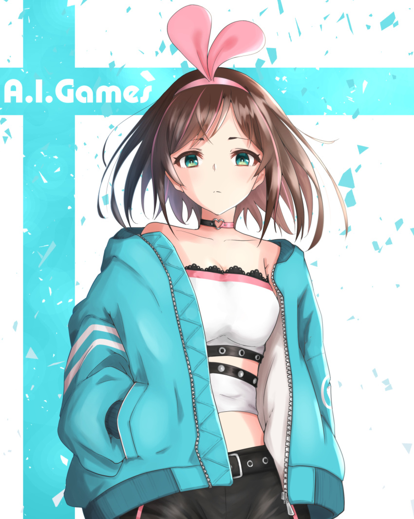 1girl a.i._channel belt black_pants blue_jacket breasts brown_hair choker cleavage collarbone floating_hair green_eyes hairband hand_in_pocket highlights highres jacket kizuna_ai long_hair looking_at_viewer medium_breasts multicolored_hair open_clothes open_jacket pants pink_hairband shiny shiny_hair solo standing strapless_shirt tele_cus unzipped virtual_youtuber