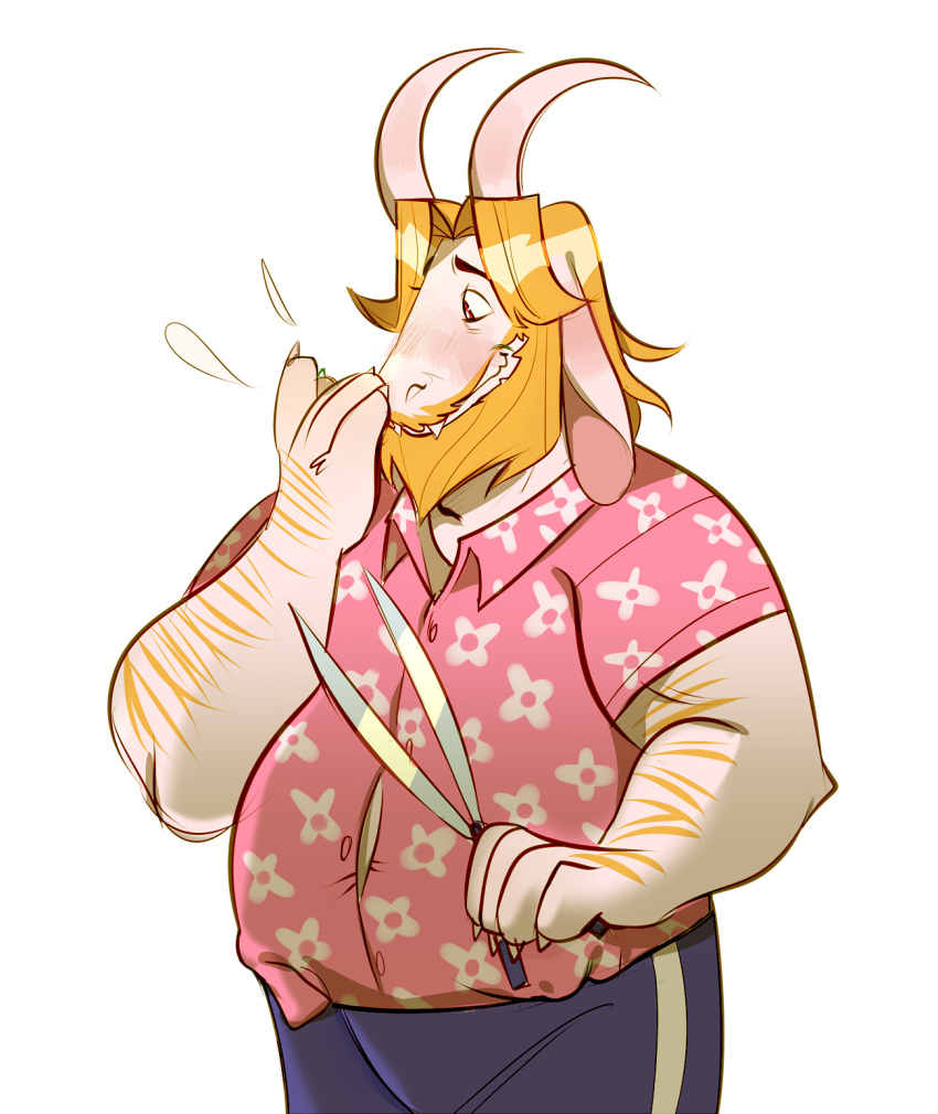 anthro asgore_dreemurr beard blush boss_monster caprine clothed clothing facial_hair fur horn long_ears male mammal musclegut muscular muscular_male overweight overweight_male simple_background solo tomatomagica undertale video_games white_background white_fur