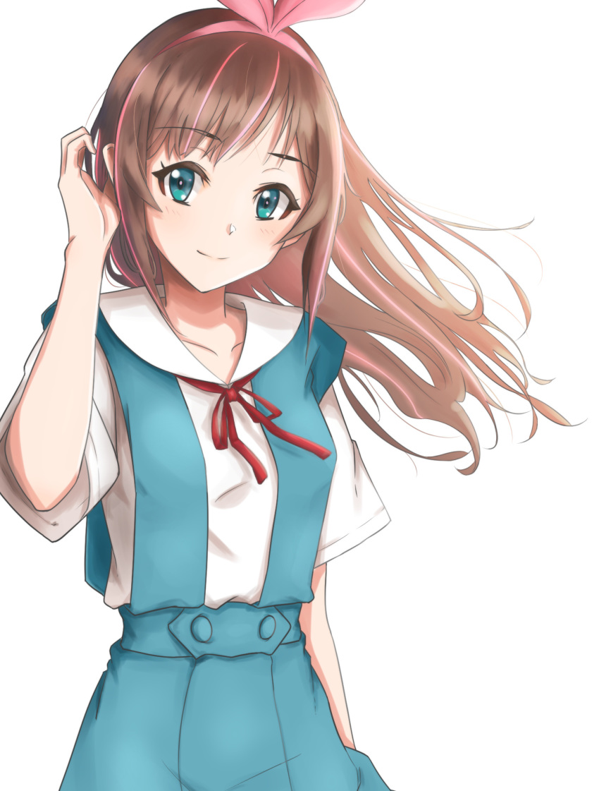 1girl a.i._channel blue_eyes brown_hair collarbone cosplay eyebrows_visible_through_hair floating_hair hairband hand_in_hair highlights highres kizuna_ai long_hair looking_at_viewer multicolored_hair neck_ribbon neon_genesis_evangelion pink_hairband red_ribbon ribbon sailor_collar shirt short_sleeves simple_background smile solo standing tele_cus virtual_youtuber white_background white_sailor_collar white_shirt