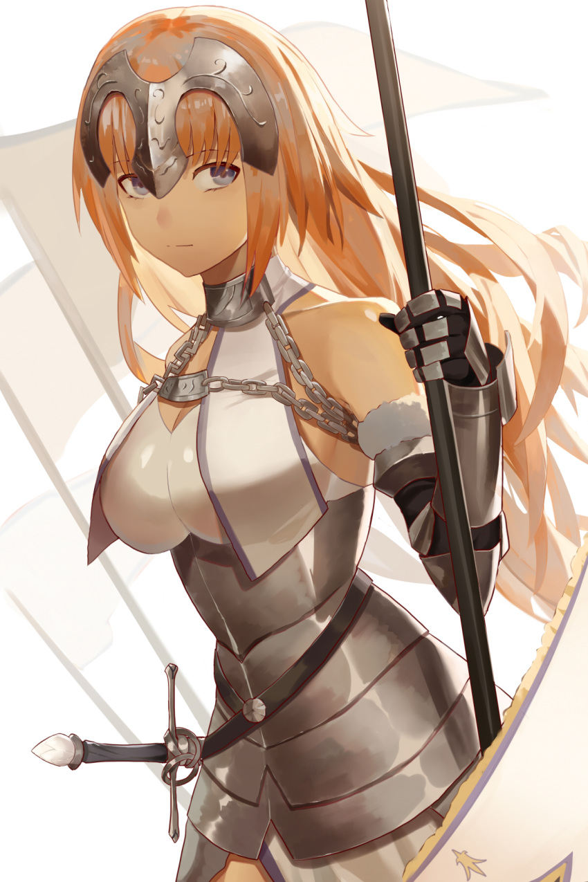 1girl armor armored_dress blonde_hair blue_eyes breasts chains cleavage collarbone dress eyebrows_visible_through_hair fate/apocrypha fate_(series) floating_hair gauntlets headpiece highres holding jeanne_d'arc_(fate) jeanne_d'arc_(fate)_(all) large_breasts long_hair looking_to_the_side sheath sheathed shiny shiny_clothes simple_background solo standing sword very_long_hair vic weapon white_background white_dress
