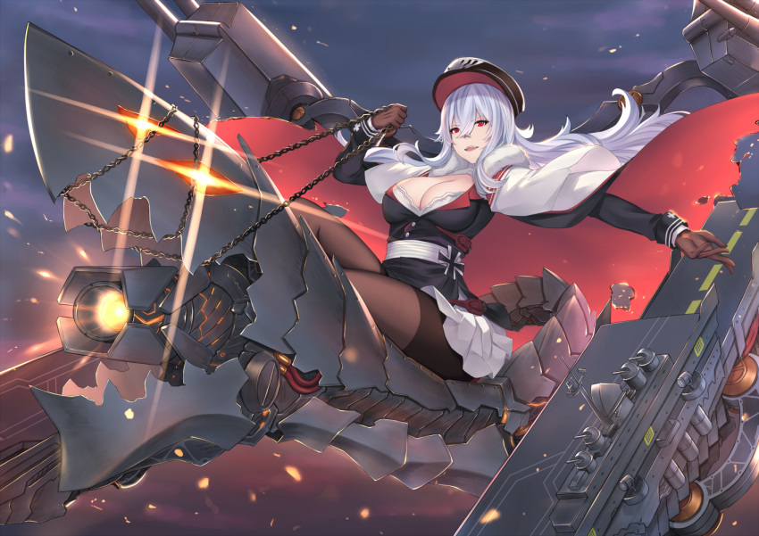 1girl azur_lane belt breasts cape chains cleavage flight_deck fur_trim gloves glowing glowing_eyes graf_zeppelin_(azur_lane) hat large_breasts long_hair miniskirt pak_ce pale_skin pantyhose pleated_skirt red_eyes riding silver_hair sitting skirt sky solo uniform