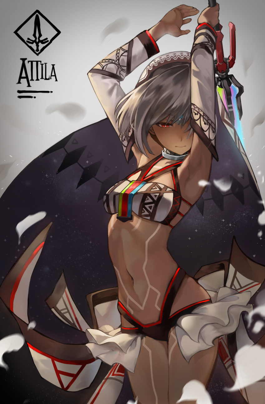 absurdres altera_(fate) arched_back armpits arms_up bangs bikini blurry breasts character_name closed_mouth dark_skin depth_of_field detached_collar detached_sleeves expressionless eyebrows_visible_through_hair fate/extella fate/extra fate_(series) hair_between_eyes half-closed_eyes highres holding holding_sword holding_weapon leg_tattoo legs_together looking_down miniskirt navel photon_ray print_sleeves red_eyes short_hair showgirl_skirt silver_hair skirt small_breasts solo standing stomach stomach_tattoo swimsuit sword tattoo veil weapon white_bikini wind xiaobang