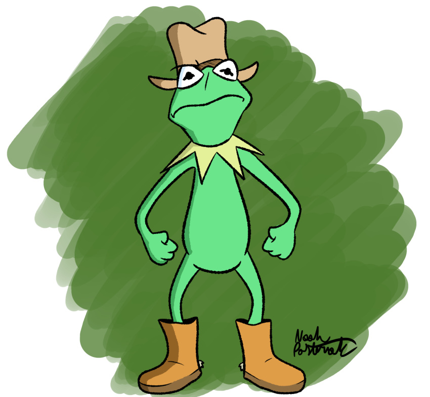 2017 amphibian boots clothing digital_media_(artwork) featureless_crotch footwear frog frown full-length_portrait hat kermit_the_frog looking_at_viewer muppets noah_the_cartoonist portrait pose solo standing