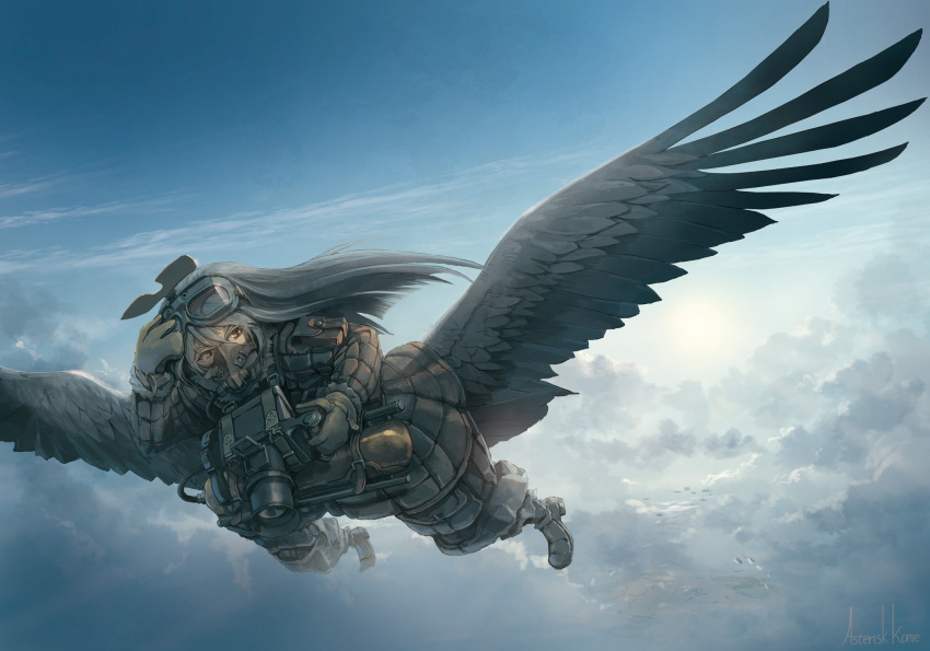 1girl asterisk_kome camera cloud coat flying gloves goggles goggles_on_head grey_hair highres low_wings original oxygen_mask quilted_coat recon_unit signature sky tail_feathers winged_fusiliers wings yellow_eyes