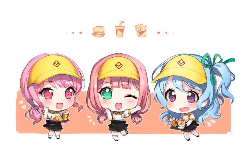 :d :o ;d alternate_hairstyle apron aqua_eyes aqua_ribbon arm_up bang_dream! bangs black_apron black_skirt blue_hair blush chibi collared_shirt commentary cup disposable_cup drinking_straw flying_sweatdrops food french_fries hair_ribbon hand_up heart holding holding_tray light_blue_hair looking_at_viewer low_twintails maruyama_aya matsubara_kanon multiple_girls ng_(kimjae737) notice_lines one_eye_closed one_side_up open_mouth pink_hair ponytail purple_eyes ribbon shirt short_sleeves sidelocks skirt smile standing standing_on_one_leg symbol_commentary tearing_up tray tripping twintails uehara_himari v-shaped_eyebrows visor_cap waist_apron waitress white_shirt