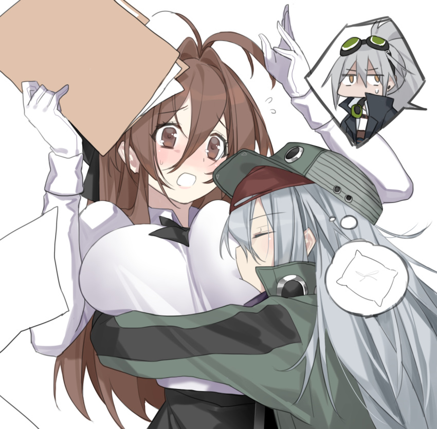 3girls aek-999_(girls_frontline) ahoge blush breast_pillow breast_rest breast_squeeze breasts breasts_on_head brown_hair commentary_request deathalice eyebrows_visible_through_hair female_commander_(girls_frontline) file g11_(girls_frontline) girls_frontline goggles goggles_on_head grey_hair hat highres large_breasts multiple_girls pillow sleeping