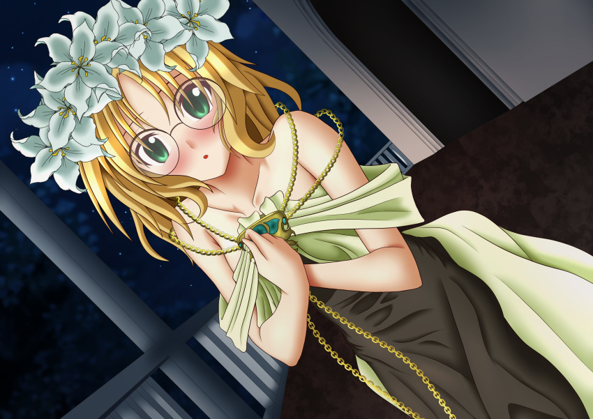 absurdres bangs bare_shoulders blonde_hair blush collarbone dress dutch_angle glasses green_eyes head_wreath highres hououji_fuu indoors looking_at_viewer magic_knight_rayearth medium_hair miyabi_hakuro solo standing window