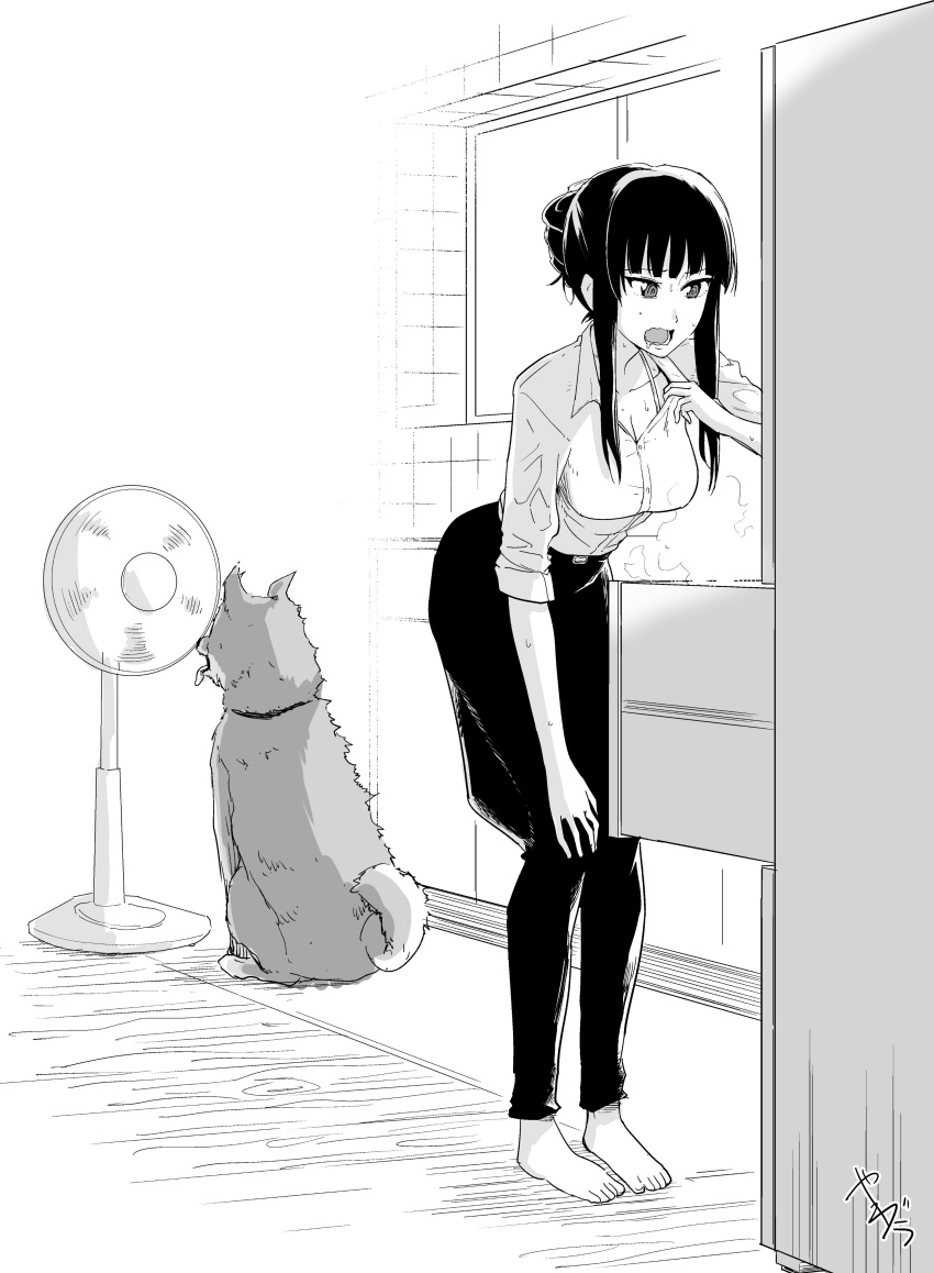 absurdres alternate_hairstyle animal artist_name bangs barefoot belt blunt_bangs bra_strap collar_tug commentary dog dress_shirt electric_fan frown girls_und_panzer greyscale hair_up hand_on_own_knee highres leaning_forward long_sleeves mature monochrome nishizumi_shiho open_mouth pants saliva shiba_inu shirt short_hair signature sleeves_rolled_up solo standing sweat yawaraka_black
