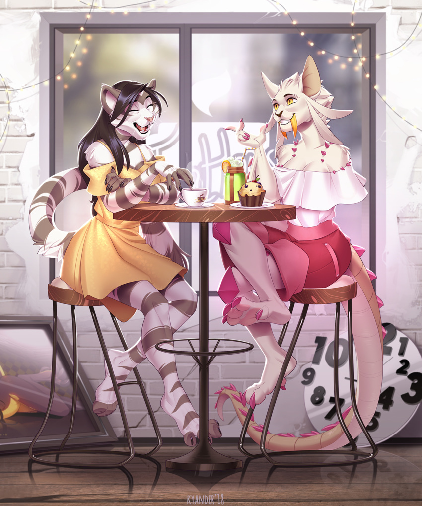 2018 4_toes 5_fingers anthro barefoot barioth black_hair black_nose breasts cat clothed clothing day detailed_background digital_media_(artwork) dragon duo eyes_closed feline female hair kyander mammal outside smile toes trenya wyvern yellow_eyes