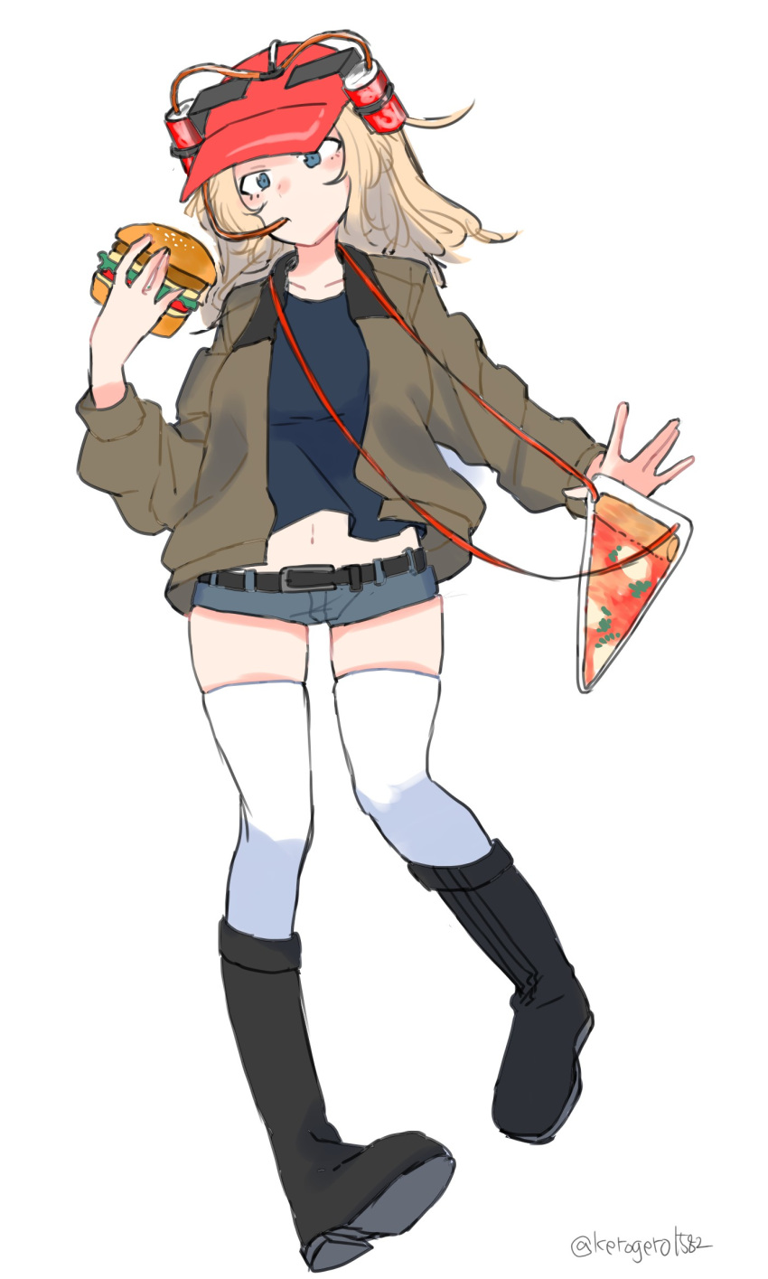 aaru_(kerogero1582) bag baseball_cap beer_hat belt black_belt black_footwear black_shirt blonde_hair blue_eyes blue_shorts boots brown_jacket can closed_mouth coca-cola denim denim_shorts drinking eyebrows_visible_through_hair food full_body girls_und_panzer hair_intakes hamburger handbag hat highres holding holding_food jacket kay_(girls_und_panzer) long_hair long_sleeves military military_uniform navel open_clothes open_jacket pizza red_hat saunders_military_uniform shirt short_shorts shorts simple_background smile soda_can solo standing thighhighs twitter_username uniform white_background white_legwear