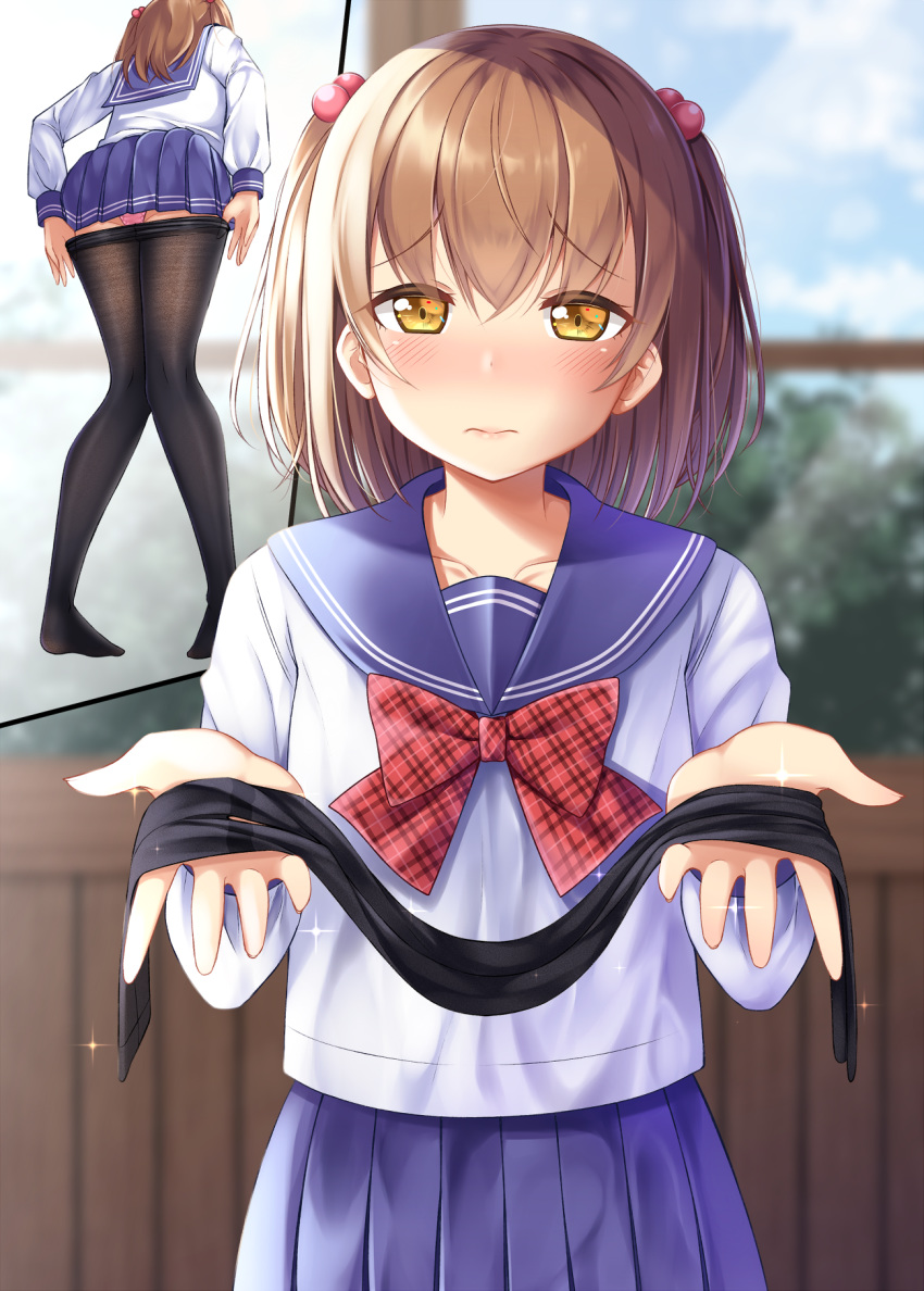 3: ashida_machi ass bangs blue_sailor_collar blue_skirt blue_sky blurry blurry_background blush bow bowtie brown_hair closed_mouth collarbone commentary_request day depth_of_field eyebrows_visible_through_hair facing_away gurande_(g-size) hair_between_eyes hair_bobbles hair_ornament hands_up highres holding_pantyhose indoors long_hair long_sleeves looking_at_viewer multiple_views original panties pantyhose pantyhose_pull pantyhose_removed pink_panties plaid_neckwear pleated_skirt red_neckwear sailor_collar school_uniform serafuku shirt skirt sky standing two_side_up underwear undressing white_shirt yellow_eyes