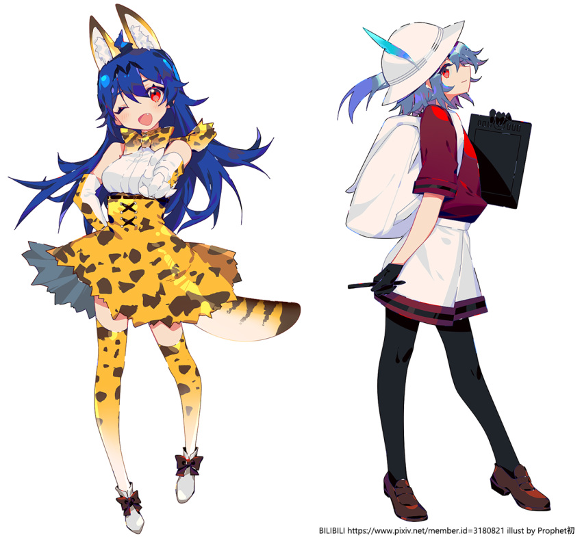 ;d animal_ears backpack bag bare_shoulders bili_girl_22 bili_girl_33 bilibili_douga black_legwear blue_hair blush bow bowtie brown_bow brown_footwear cosplay drawing_tablet elbow_gloves extra_ears fang gloves hand_on_hip hat_feather head_tilt helmet high-waist_skirt holding holding_stylus index_finger_raised kaban_(kemono_friends) kaban_(kemono_friends)_(cosplay) kemono_friends loafers long_hair looking_at_viewer multiple_girls one_eye_closed open_mouth pantyhose pith_helmet print_gloves print_legwear print_neckwear print_skirt profile prophet_chu red_eyes red_shirt serval_(kemono_friends) serval_(kemono_friends)_(cosplay) serval_ears serval_print serval_tail shirt shoes short_shorts short_sleeves shorts simple_background skirt sleeveless sleeveless_shirt smile standing striped_tail stylus tablet tail thighhighs very_long_hair white_background white_footwear white_shirt white_shorts