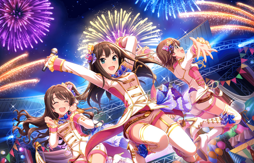 :d aerial_fireworks aiguillette ass blue_bow blue_eyes boot_bow boots bow brown_eyes brown_hair closed_eyes concert epaulettes fireworks garter_straps hair_bow happy_new_yeah!_(idolmaster) high_heel_boots high_heels highres honda_mio idolmaster idolmaster_cinderella_girls idolmaster_cinderella_girls_starlight_stage jumping long_hair multicolored_bow multiple_girls new_year official_art open_mouth outstretched_arms profile shibuya_rin shimamura_uzuki short_hair short_shorts shorts side_ponytail smile spread_arms stadium streamers thigh_boots thighhighs white_legwear white_shorts