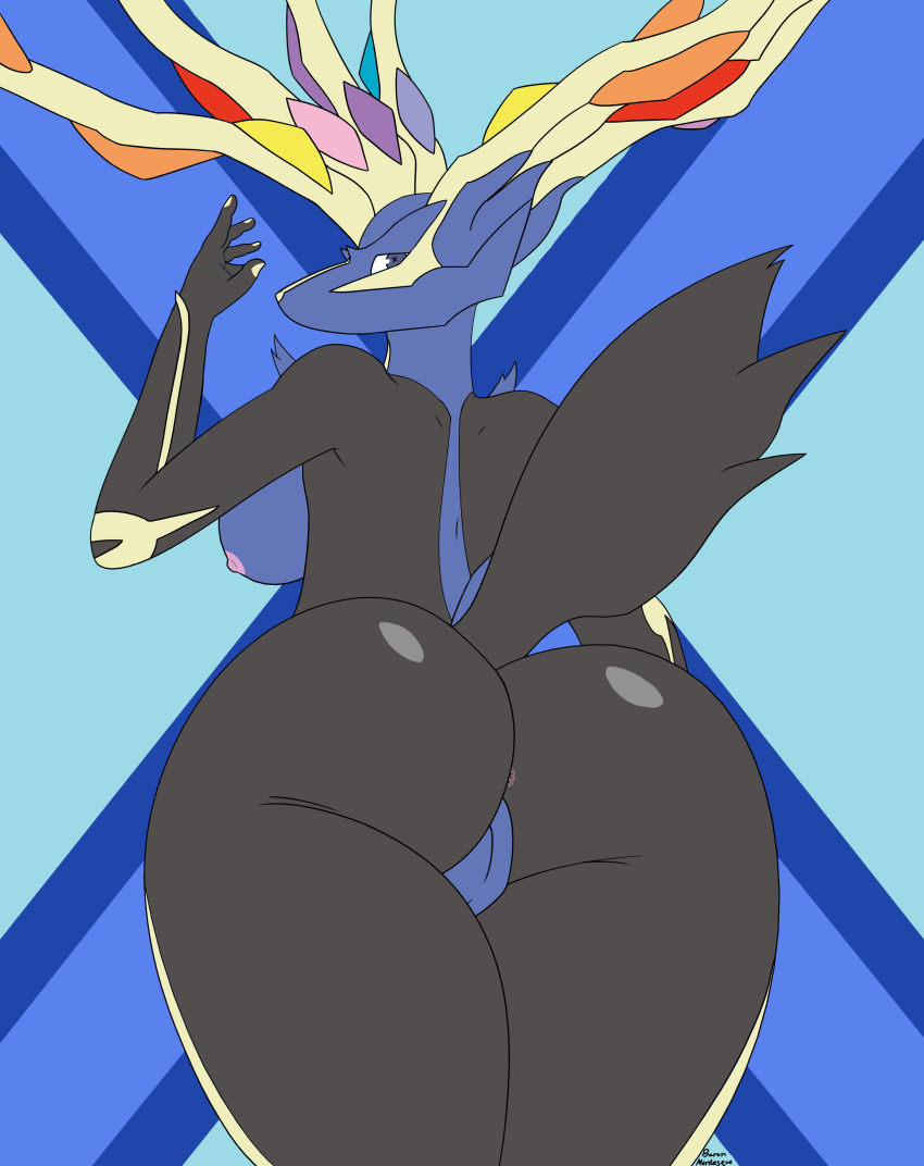 2018 absurd_res anthro antlers anus baron_montesque big_breasts big_butt blue_eyes blue_fur breasts butt cel_shading cervine digital_media_(artwork) female fur hi_res horn huge_butt legendary_pok&eacute;mon looking_at_viewer looking_back mammal nintendo nude pok&eacute;mon pok&eacute;mon_(species) pussy rear_view simple_background solo standing thick_thighs video_games wide_hips xerneas