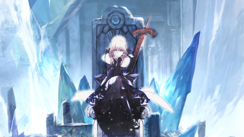 absurdres artoria_pendragon_(all) blonde_hair boots breasts closed_mouth collaboration_request dress excalibur fate/grand_order fate/stay_night fate_(series) highres ice looking_at_viewer saber saber_alter solo source_request swd3e2 sword third-party_edit throne waifu2x weapon