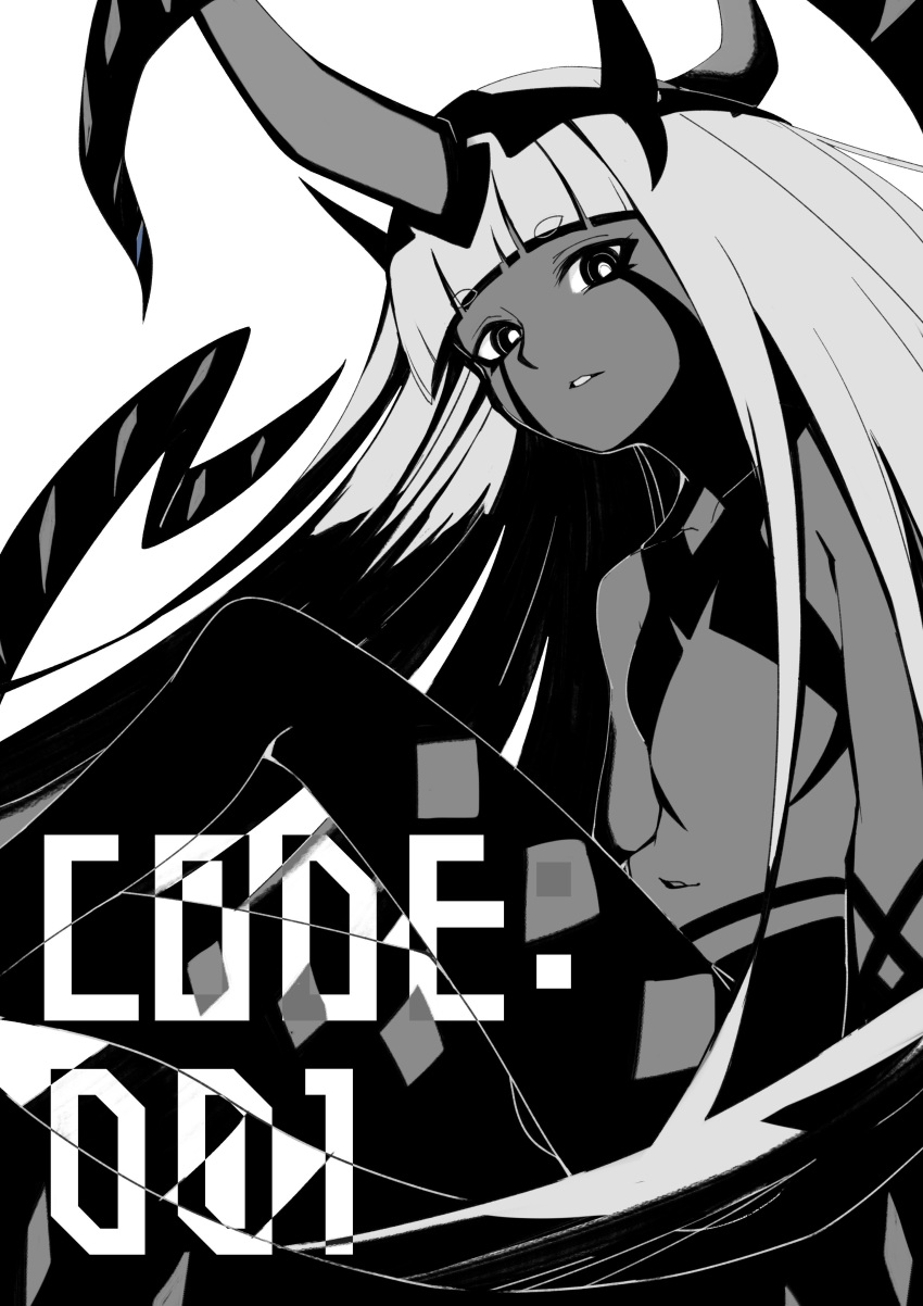 1girl absurdres bangs blunt_bangs breasts bright_pupils character_name commentary_request darling_in_the_franxx eyebrows_visible_through_hair greyscale highres horns long_hair looking_at_viewer monochrome navel parted_lips sawawse simple_background small_breasts solo spoilers tentacles very_long_hair white_background