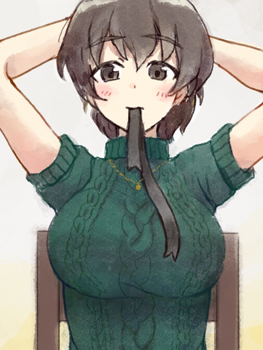 bangs breasts brown_eyes brown_hair casual chair closed_mouth eyebrows_visible_through_hair girls_und_panzer green_sweater hair_ribbon hair_tie_in_mouth highres jewelry koyama_yuzu large_breasts looking_at_viewer mouth_hold necklace ribbed_sweater ribbon short_hair short_sleeves sitting solo sweater traditional_media tsunosame turtleneck upper_body