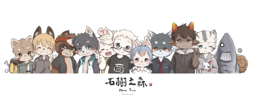 2018 absurd_res anthro blush canine cub cute_fangs dragon english_text feline fish fur furred_dragon hi_res japanese_text lagomorph looking_at_viewer male mammal marine one_eye_closed open_mouth procyonid rabbit raccoon simple_background smile text white_background wink young yuanyuan