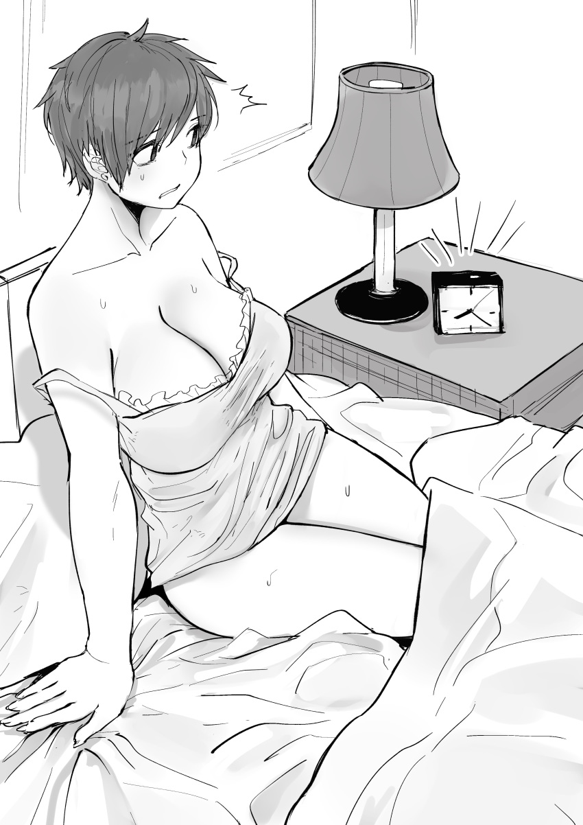 absurdres alarm_clock bare_shoulders bed bed_sheet breasts cleavage clenched_teeth clock collarbone commentary doodle greyscale highres lampshade large_breasts looking_to_the_side messy_hair monochrome nightgown nightstand norman_maggot ol-chan_(norman_maggot) original pillow pixie_cut short_hair sitting sketch sleepwear sleepy surprised sweatdrop teeth under_covers waking_up