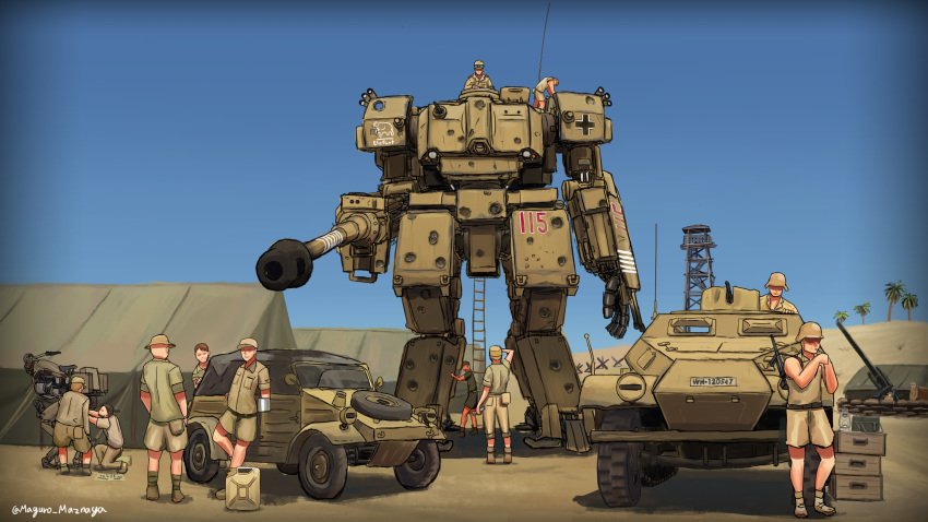 absurdres armored_personnel_carrier armored_vehicle army artillery balkenkreuz cigarette commentary_request desert ground_vehicle gun half-track helmet highres iron_cross jerry_can machine_gun matsunaga_maguro mecha multiple_boys original palm_tree robot science_fiction sdkfz_251 signature smoking soldier stahlhelm tent tree twitter_username weapon