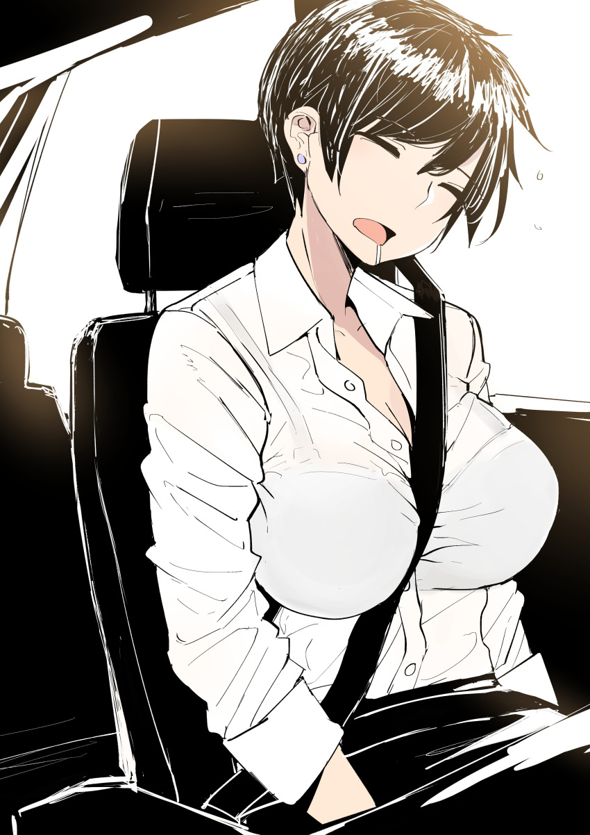 absurdres between_breasts bra bra_through_clothes breasts business_suit car car_interior cleavage closed_eyes collarbone collared_shirt commentary dress_shirt drooling earrings formal ground_vehicle highres jewelry large_breasts motor_vehicle norman_maggot office_lady ol-chan_(norman_maggot) open_mouth original pixie_cut saliva seatbelt shirt short_hair sitting sleeping sleeping_upright sleepy sleeves_rolled_up solo suit unbuttoned unbuttoned_shirt underwear