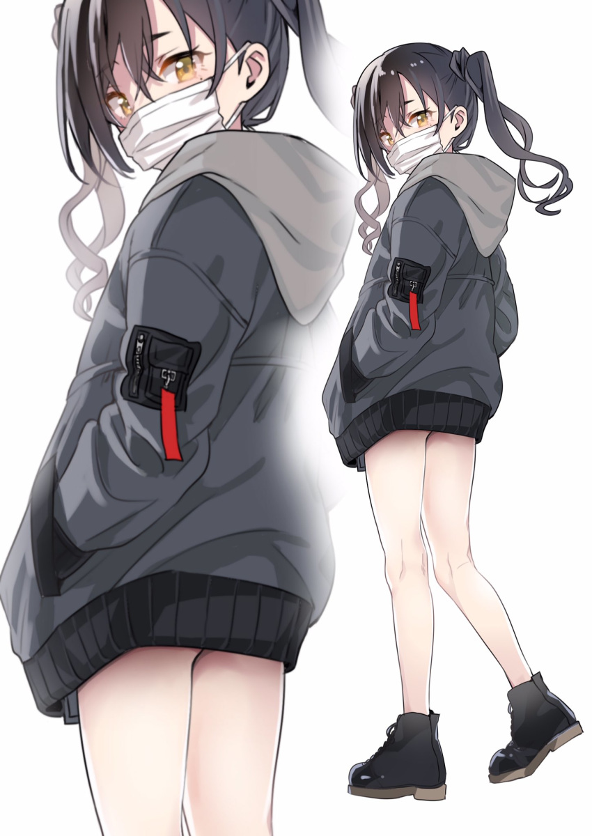 1girl bangs bare_legs black_footwear black_hair black_jacket commentary_request eyebrows_visible_through_hair full_body hair_between_eyes hand_in_pocket head_tilt highres hood hood_down hooded_jacket idolmaster idolmaster_cinderella_girls jacket kuroda_bb long_hair long_sleeves looking_at_viewer looking_back shoes sidelocks simple_background solo sunazuka_akira surgical_mask thighs twintails wavy_hair white_background yellow_eyes zoom_layer