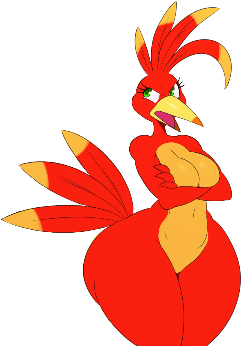 2018 angry anthro anthrofied avian banjo-kazooie beak big_butt bird breasts butt digital_media_(artwork) eyelashes feathers featureless_breasts female hi_res kazooie navel non-mammal_breasts open_beak open_mouth rareware simple_background solo sssonic2 thick_thighs tongue video_games voluptuous white_background wide_hips