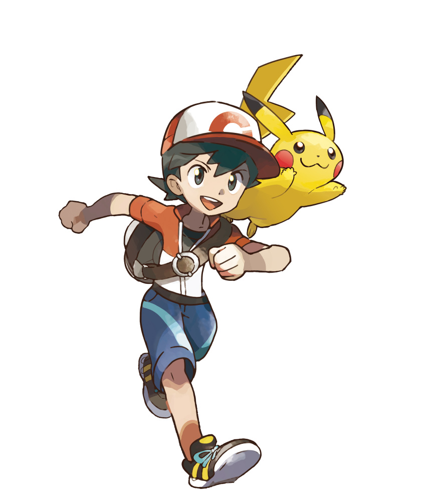 :3 absurdres arms_up bag black_eyes black_footwear black_hair blue_shorts clenched_hands full_body gen_1_pokemon hat highres kakeru_(pokemon) male_focus mizutani_megumi official_art open_mouth pikachu poke_ball_theme pokemon pokemon_(creature) pokemon_(game) pokemon_lgpe red_hat red_shirt running shirt shoes short_sleeves shorts smile tail teeth transparent_background undershirt