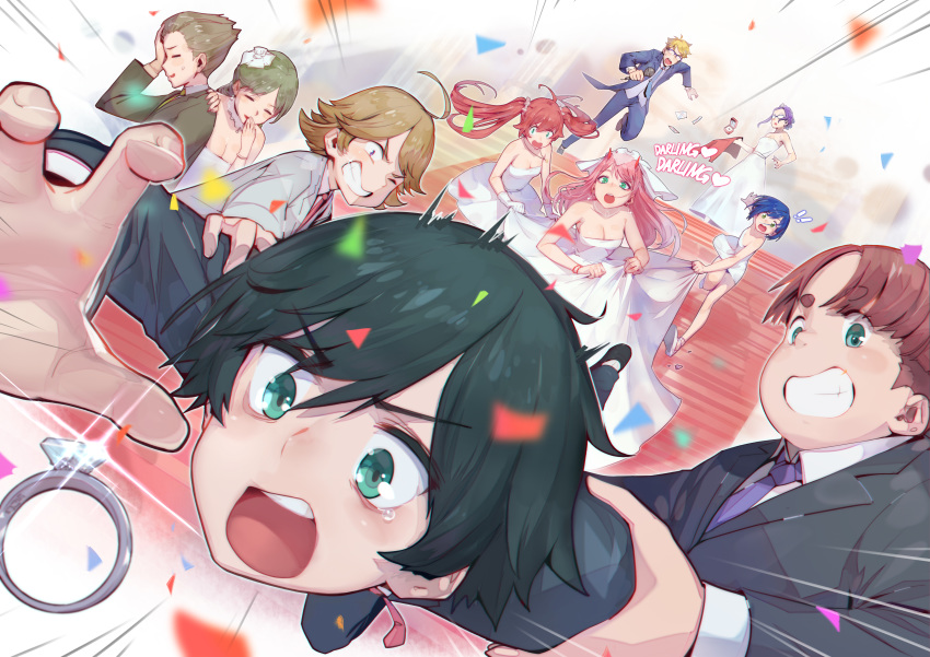 5girls absurdres black_hair breasts bridal_veil brown_hair chinese_commentary cleavage commentary_request confetti darling_in_the_franxx dress everyone eyebrows_visible_through_hair facepalm flower formal futoshi_(darling_in_the_franxx) gloves gorgeous_mushroom gorou_(darling_in_the_franxx) hair_flower hair_ornament highres hiro_(darling_in_the_franxx) horns ikuno_(darling_in_the_franxx) jewelry kokoro_(darling_in_the_franxx) lens_flare miku_(darling_in_the_franxx) mitsuru_(darling_in_the_franxx) multiple_boys multiple_girls open_mouth pink_hair ring running short_dress smile stairs suit veil wedding wedding_dress wedding_ring white_dress white_gloves zero_two_(darling_in_the_franxx) zorome_(darling_in_the_franxx)