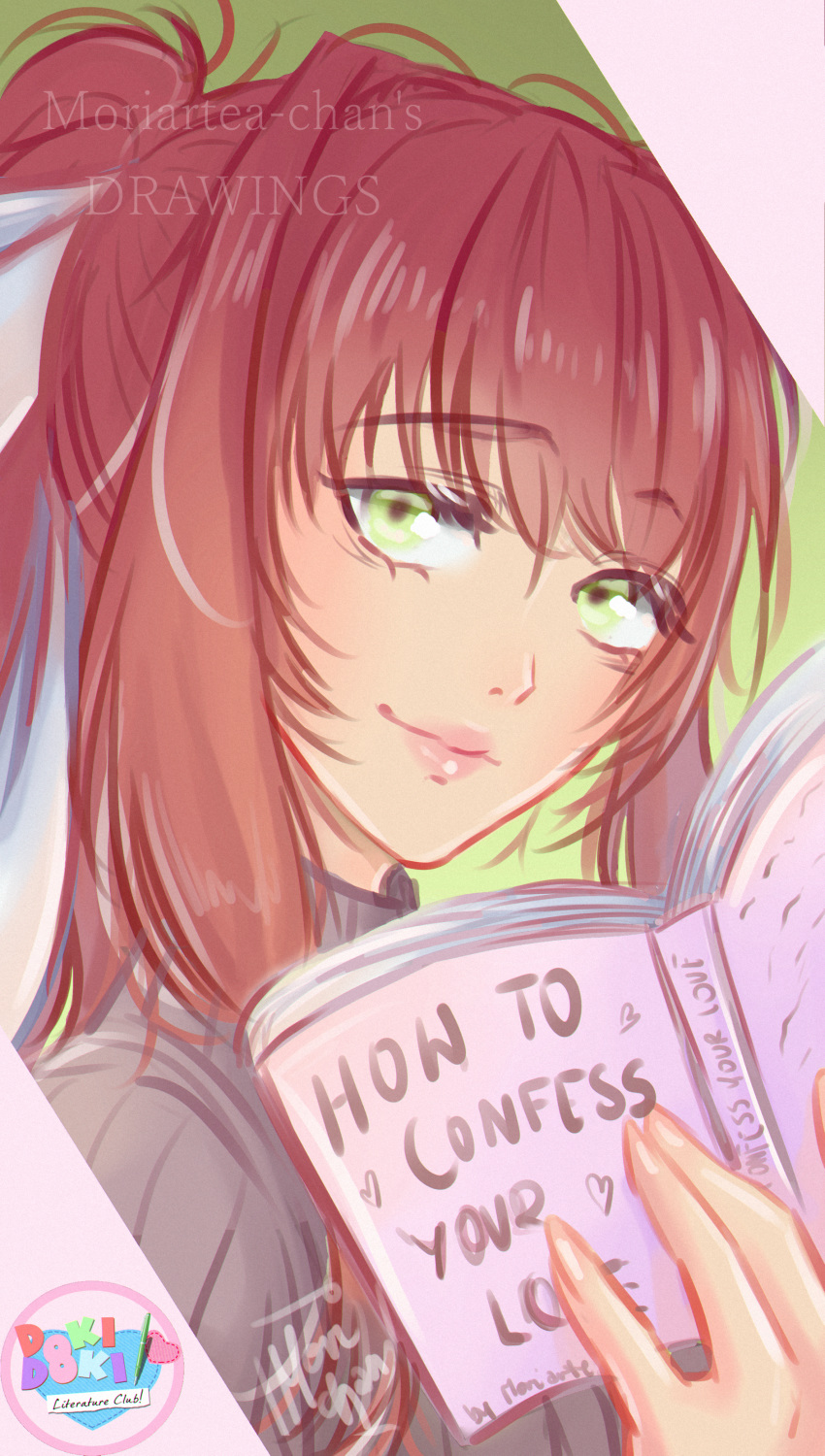 absurdres artist_name book book_focus brown_hair commentary copyright_name doki_doki_literature_club english english_commentary eyebrows_visible_through_hair green_eyes highres huge_filesize light_smile long_hair looking_at_viewer monika_(doki_doki_literature_club) moriartea-chan ponytail solo upper_body