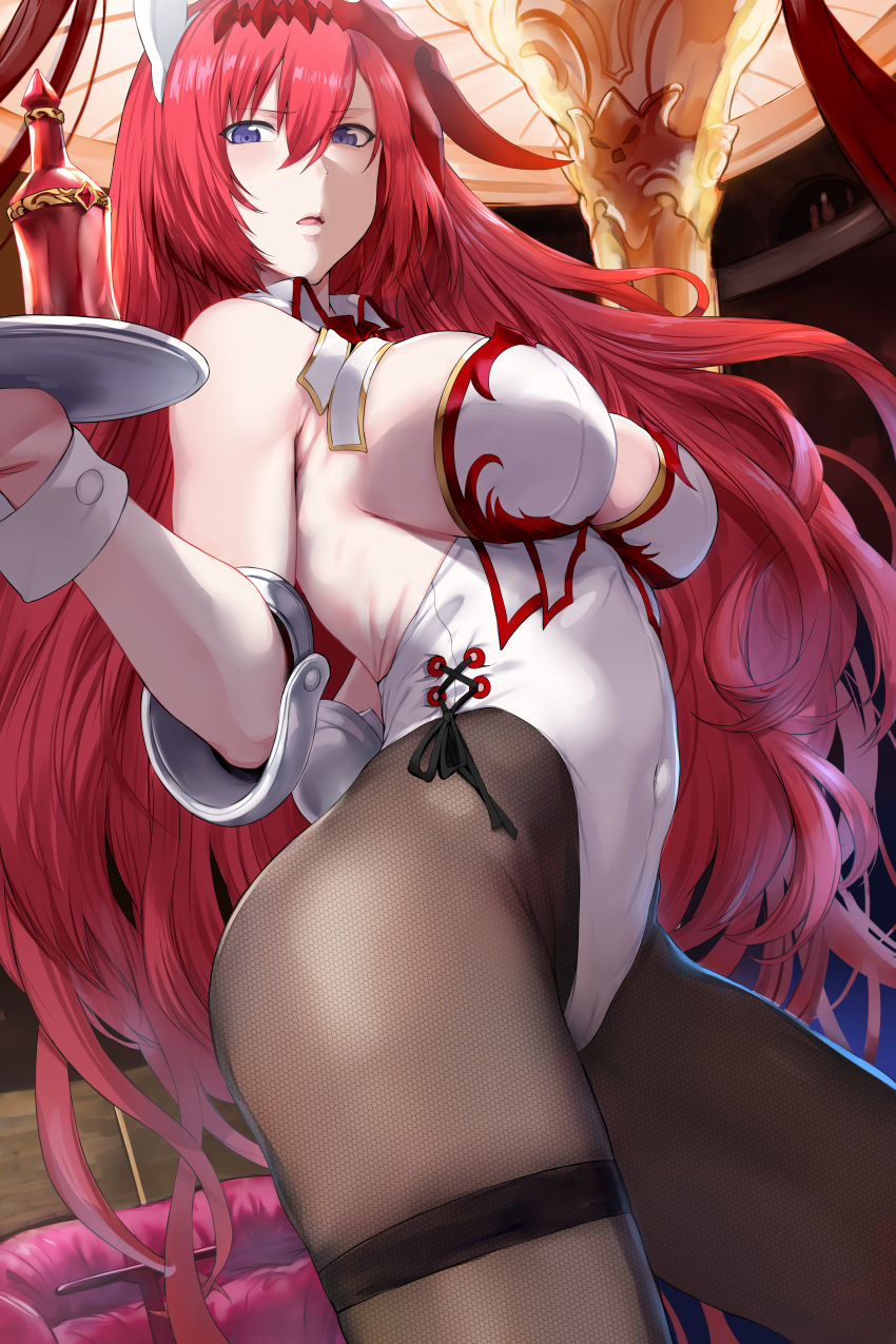 absurdres ass bangs black_legwear blue_eyes blurry breasts bunnysuit depth_of_field eyebrows_visible_through_hair from_side godguard_brodia granblue_fantasy hair_between_eyes hews_hack highleg highleg_leotard highres holding holding_tray huge_filesize indoors large_breasts leotard long_hair looking_at_viewer open_mouth paid_reward pantyhose patreon_reward red_hair solo thighband_pantyhose thighs tray very_long_hair wavy_hair white_leotard wrist_cuffs