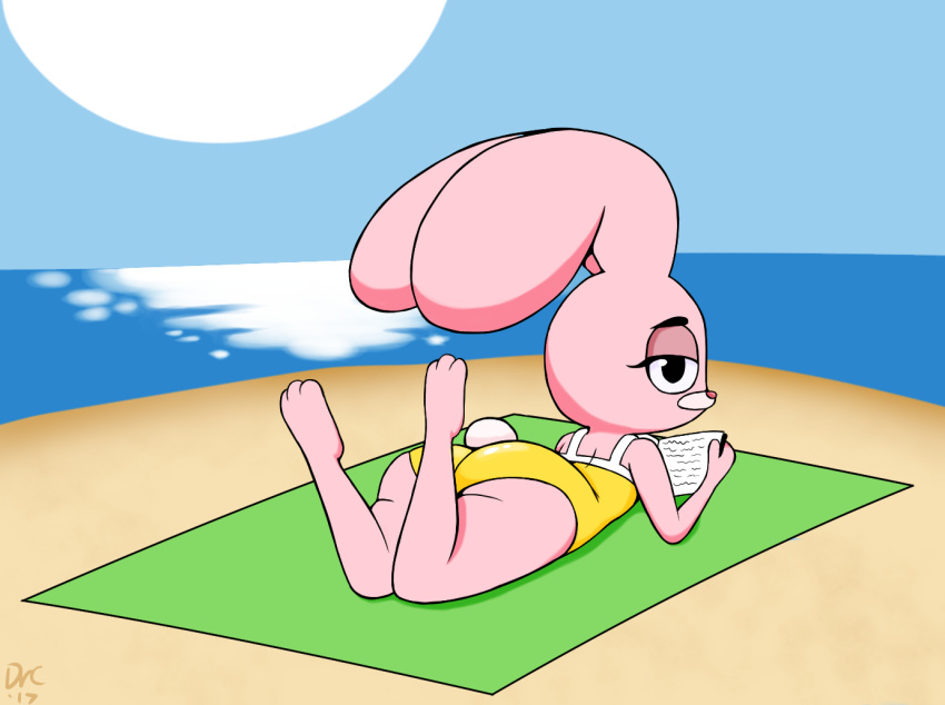 anais_watterson anthro beach book butt cartoon_network clothing cub dr._chaos eyelashes female half-closed_eyes lagomorph looking_at_viewer looking_back lying mammal on_front outside rabbit sea seaside solo sun swimsuit the_amazing_world_of_gumball thick_thighs water young