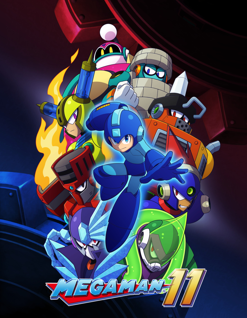 absurdres acid_man arm_cannon block_man blue_eyes blue_footwear blue_gloves bounce_man capcom clenched_teeth copyright_name everyone fire fuse_man gears gloves helmet highres impact_man looking_at_viewer multiple_boys official_art purple_eyes red_eyes robot rockman rockman_(character) rockman_(classic) rockman_11 serious smile teeth torch_man tundra_man weapon yellow_eyes