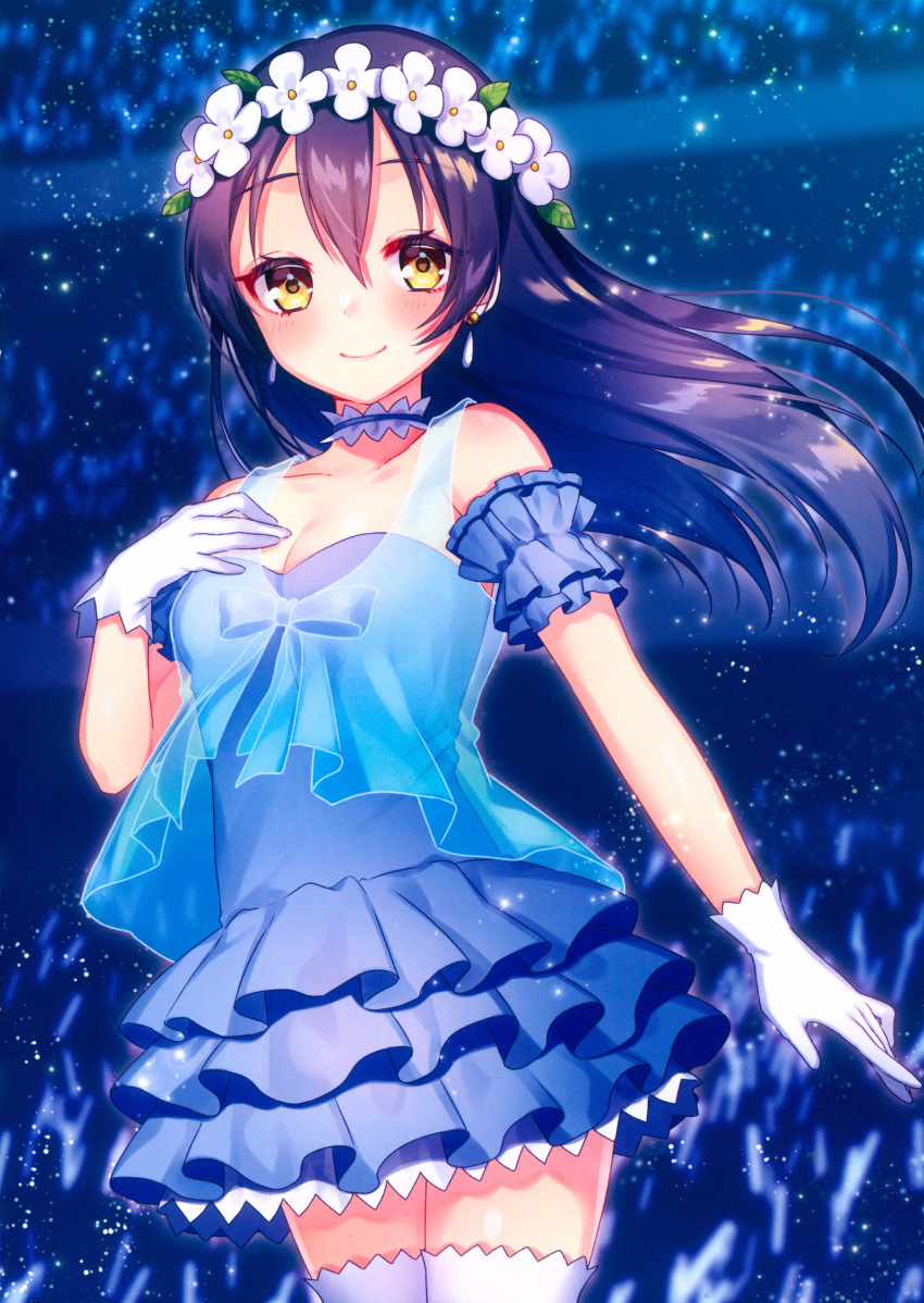 absurdres bangs bare_shoulders blue_dress blue_hair blush breasts choker cowboy_shot dress earrings eyebrows_visible_through_hair flower gloves hair_between_eyes hair_ornament hand_on_own_chest head_wreath highres huge_filesize jewelry long_hair looking_at_viewer love_live! love_live!_school_idol_project moyui_(myi_005) non-web_source scan small_breasts smile solo sonoda_umi thighhighs white_gloves white_legwear yellow_eyes yume_no_tobira