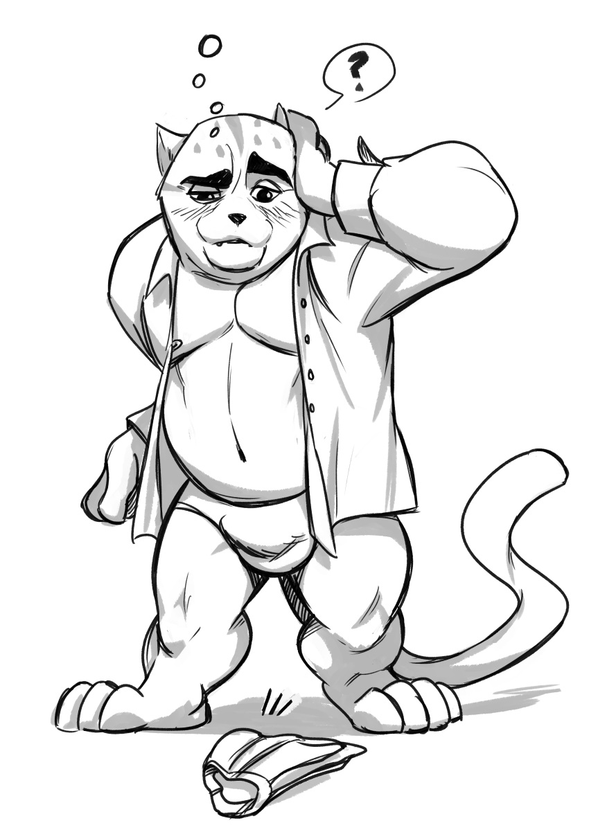 2018 ? absurd_res aggressive_retsuko anthro barabarino_(artist) blush bulge cat clothed clothing dress_shirt eyebrows feline fur greyscale hi_res male mammal manumaru monochrome musclegut muscular muscular_male open_shirt pallas's_cat partially_clothed sanrio shirt slightly_chubby solo underwear