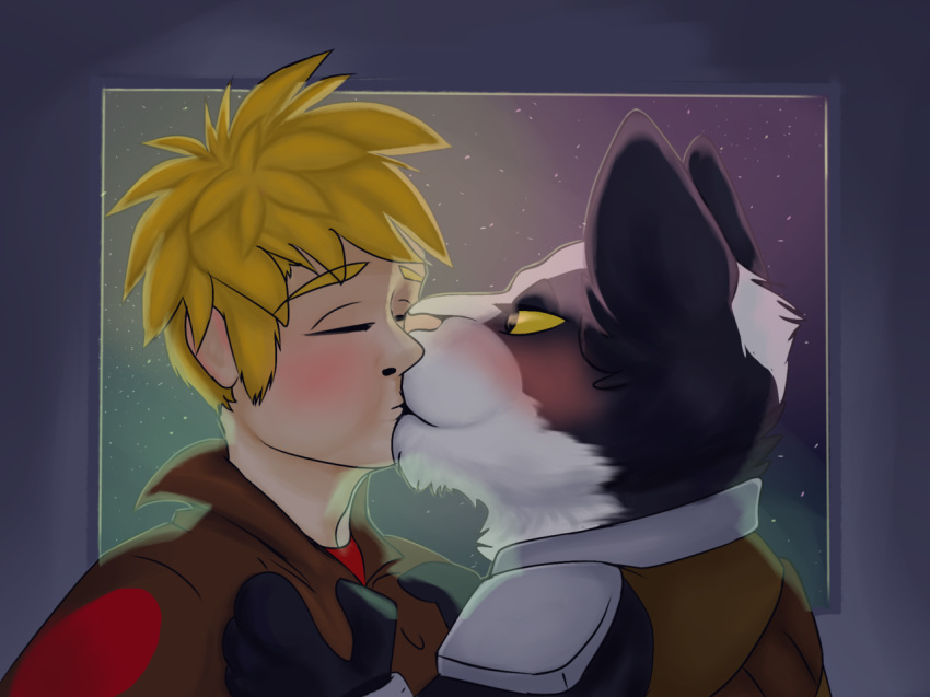 2018 anthro avocato blush cat clothing duo feline final_space friggin-rat fur gary_(final_space) hi_res human kissing male male/male mammal