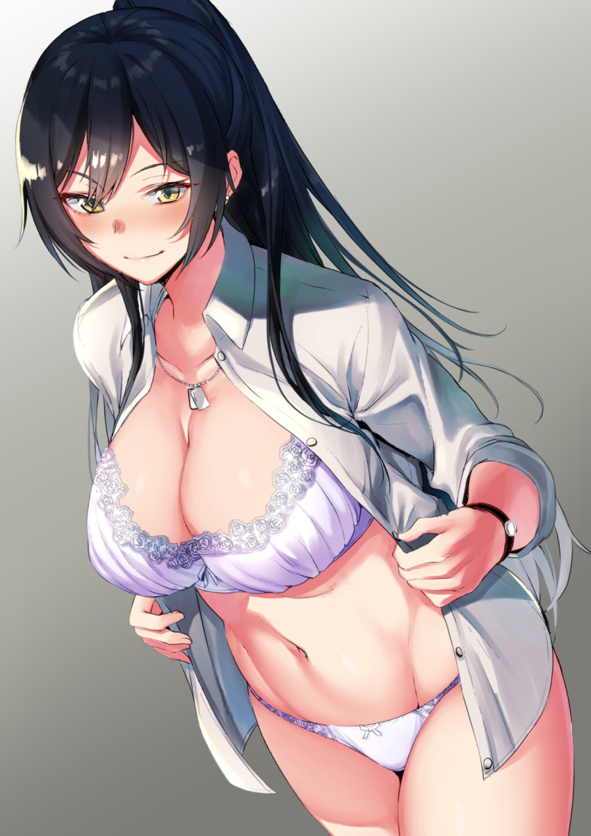 amano_don bangs black_hair bra bracelet breasts cleavage collarbone commentary_request dog_tags dress_shirt earrings eyebrows_visible_through_hair from_above gradient hair_between_eyes high_ponytail highres hips idolmaster idolmaster_shiny_colors jewelry lace large_breasts navel no_pants open_clothes open_shirt panties ponytail purple_bra purple_panties school_uniform shirase_sakuya shirt smile stomach thighs underwear white_bra white_panties white_shirt yellow_eyes