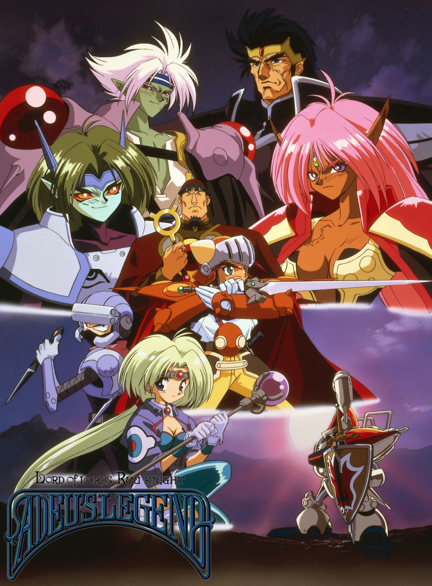 5boys 90s adeu_warsam armor black_eyes black_hair blue_legwear breasts cape chest_scar cleavage copyright_name dark_skin face_mask facial_scar fighting_stance gloves green_hair green_skin haou_taikei_ryuu_knight hat headband helmet highres holding holding_staff holding_sword holding_weapon jacket kunai large_breasts long_hair looking_at_viewer mask mecha multiple_boys multiple_girls official_art open_clothes open_jacket paffy_pafuricia pauldrons pink_hair pointy_ears ponytail red_eyes red_sclera scar smile squatting staff sunrise sword thighhighs third_eye very_long_hair weapon white_gloves white_hair yellow_eyes zephyr