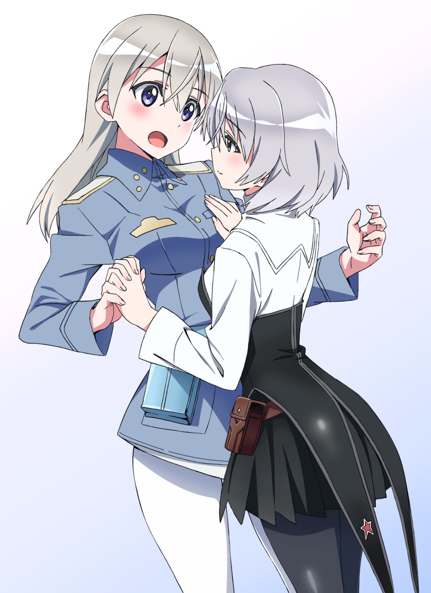 blue_eyes blush breasts commentary_request eila_ilmatar_juutilainen highres holding_hands kogarashi51 military military_uniform multiple_girls open_mouth pantyhose sanya_v_litvyak silver_hair skirt strike_witches uniform white_legwear world_witches_series yuri