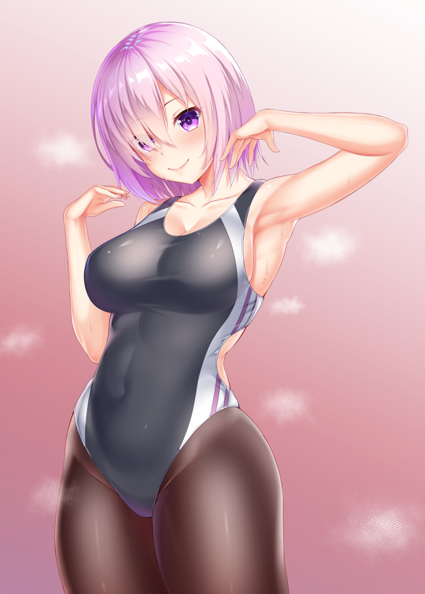 black_legwear black_swimsuit competition_swimsuit covered_navel cowboy_shot eyes_visible_through_hair fate/grand_order fate_(series) gradient gradient_background hair_over_one_eye highres mash_kyrielight one-piece_swimsuit pantyhose pantyhose_under_swimsuit pink_background purple_eyes purple_hair short_hair solo standing swimsuit zuizhong