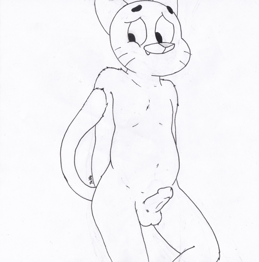 2018 anthro balls cartoon_network cat cub embarrassed erection feline fur gumball_watterson male mammal monochrome navel nekkofox penis simple_background sketch solo standing the_amazing_world_of_gumball young