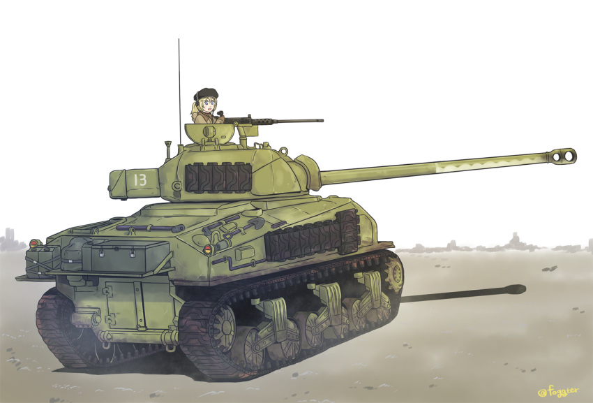 artist_name blue_eyes brown_hair commentary_request graphite_(medium) ground_vehicle hat headphones m4_sherman military military_vehicle motor_vehicle original ponytail selby sherman_firefly tank traditional_media