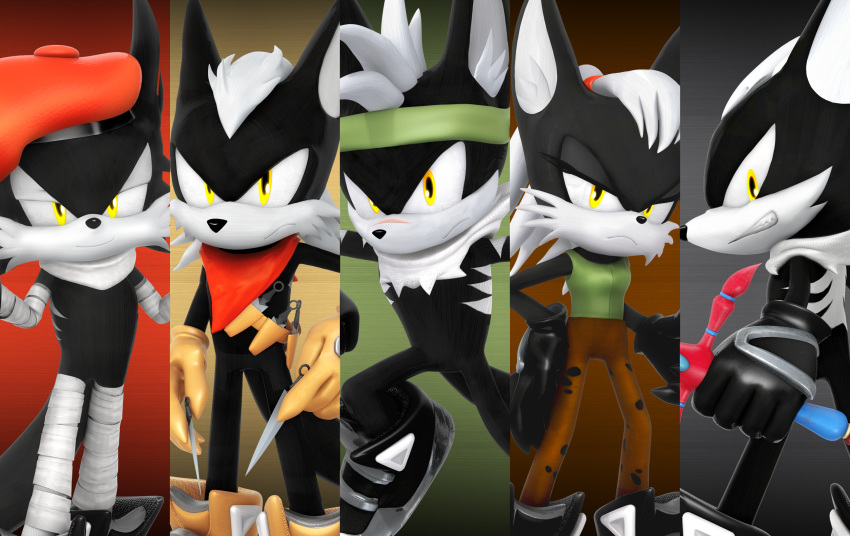 3d_model bandage bangs black_fur canine cheekfluff clothing ear_tuft female fluffy footwear fur gloves group growling infinite_(sonic) jackal long_tail looking_at_viewer male mammal nibroc-rock shoes sonic_forces teeth tuft yellow_eyes