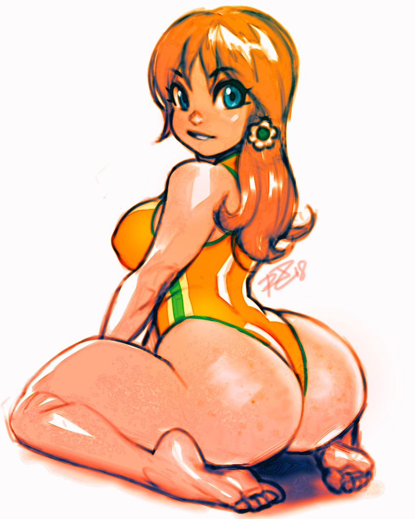 1girl ass back barefoot breasts curvy erect_nipples female hair_down hips huge_ass kneeling looking_back mario_(series) medium_breasts nintendo one-piece_swimsuit princess_daisy red_hair robert_porter shiny_skin smile solo super_mario_bros. super_mario_land super_mario_world swimsuit thick_thighs thighs wide_hips
